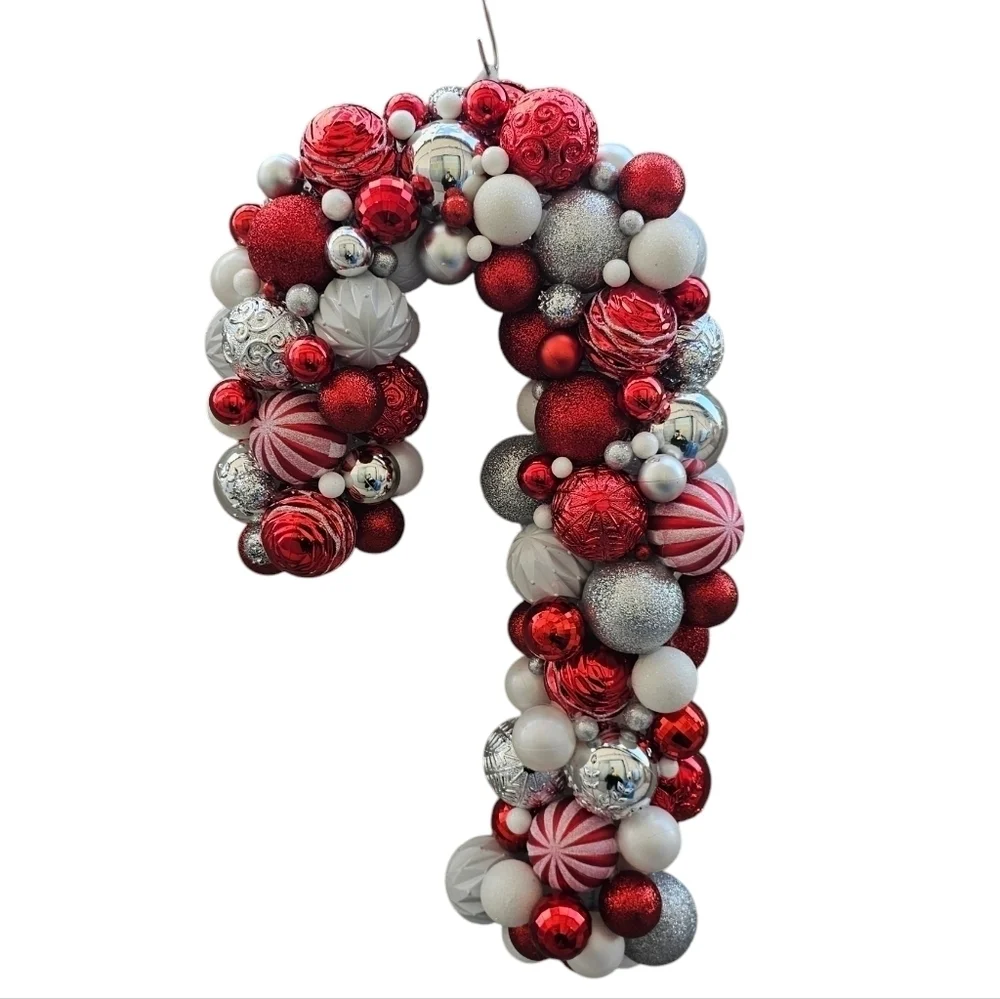 Handmade Christmas Ornament Candy Cane Wreath. Red and white holiday decor